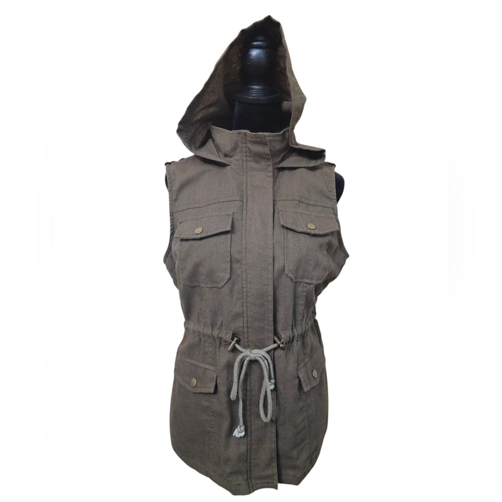 Women's Hooded Zip Utility Vest - Brown -
